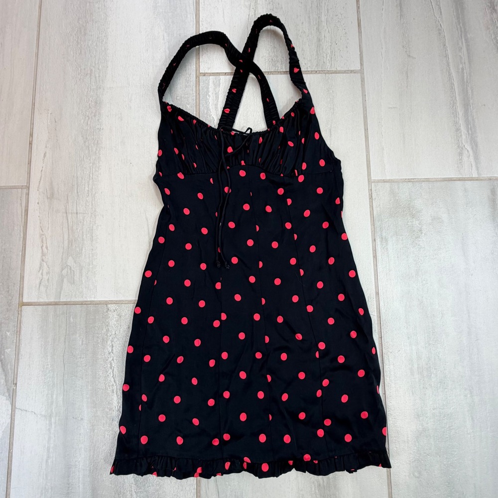 For Love & Lemons Black Red Polka Dot Ruched Mini Dress XS CD2088-SP20